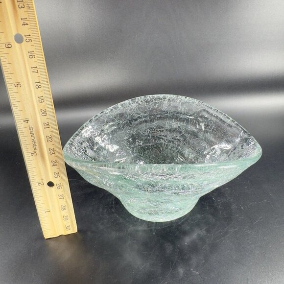 Hand Blown Clear Crackled Glass Folded Dish Bowl Hand Made Glass Decor Vintage - Picture 11 of 16